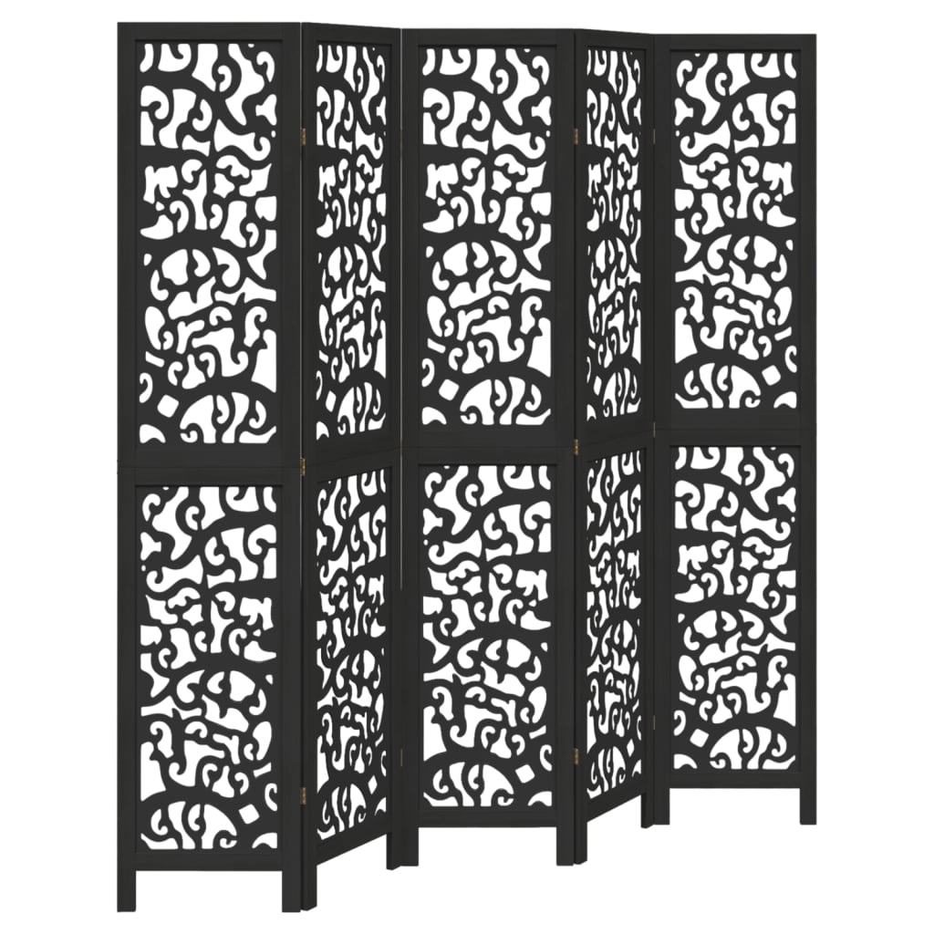 Room Divider 5 Panels Black Solid Wood Paulownia